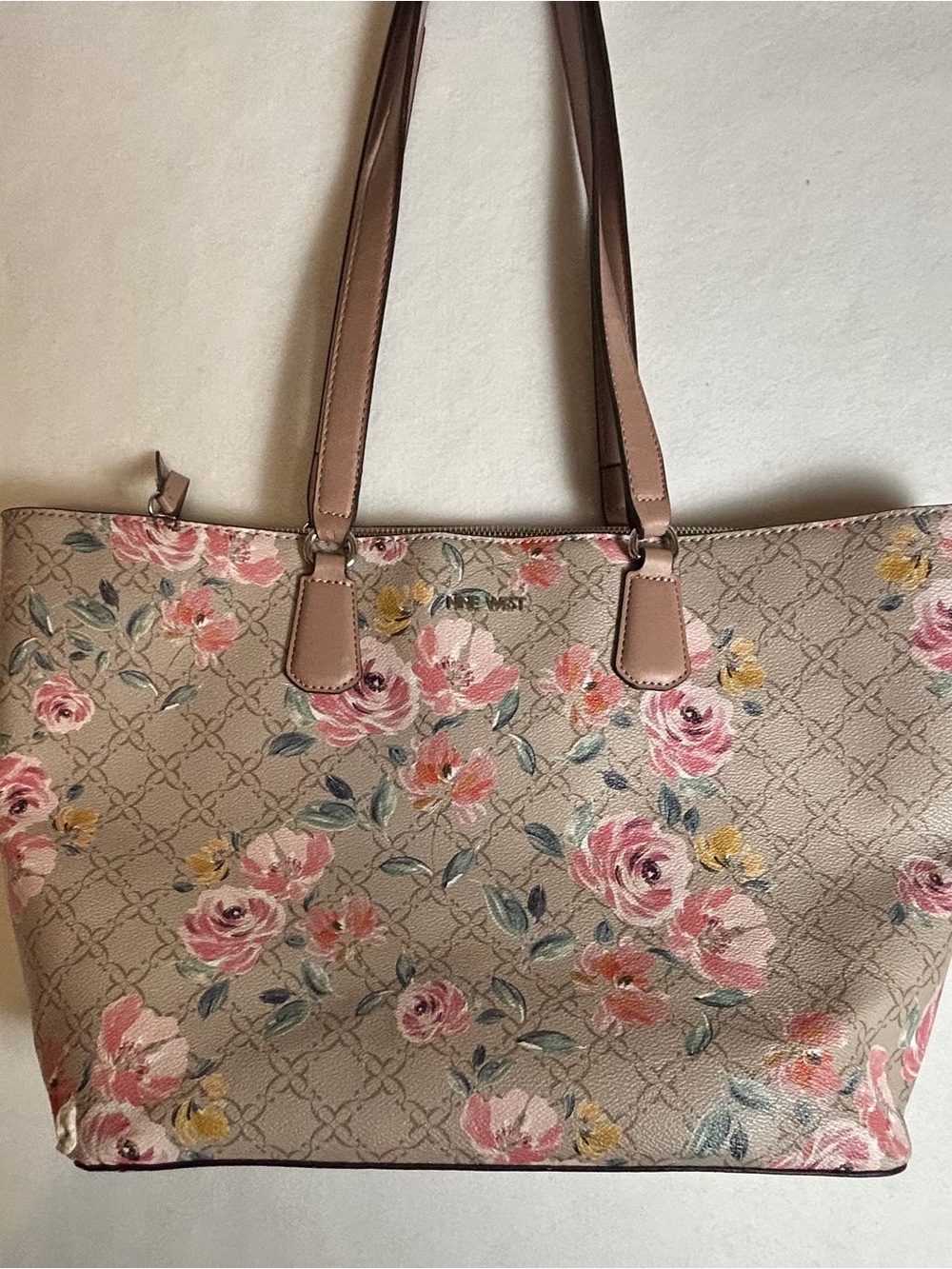 Nine West Floral Logo Print Tote Bag Pink Beige Shoulder Handbag Large